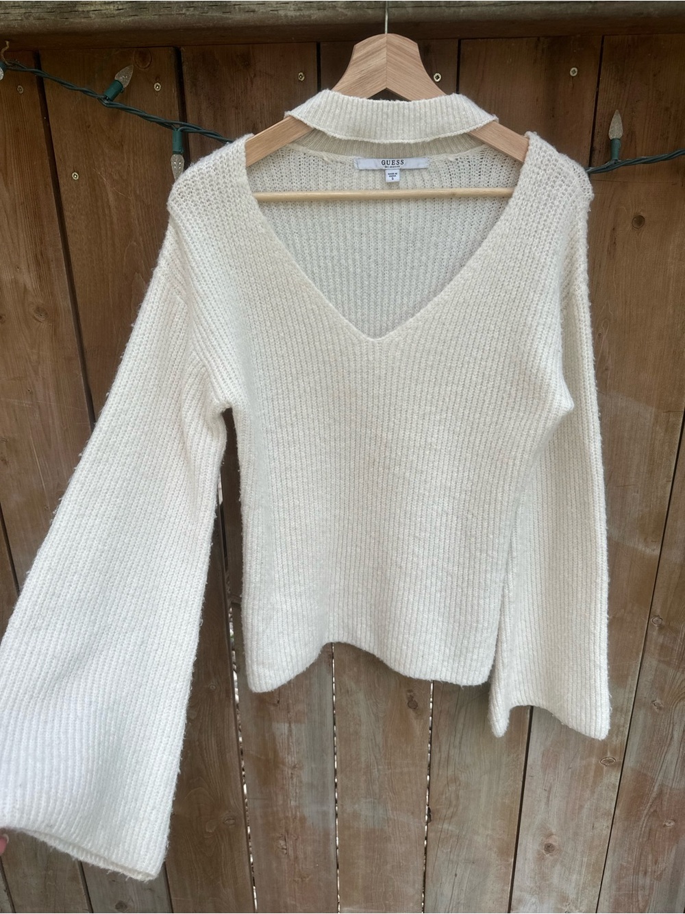 Guess Cream V-Neck Ribbed Knit Sweater with Wide Sleeves